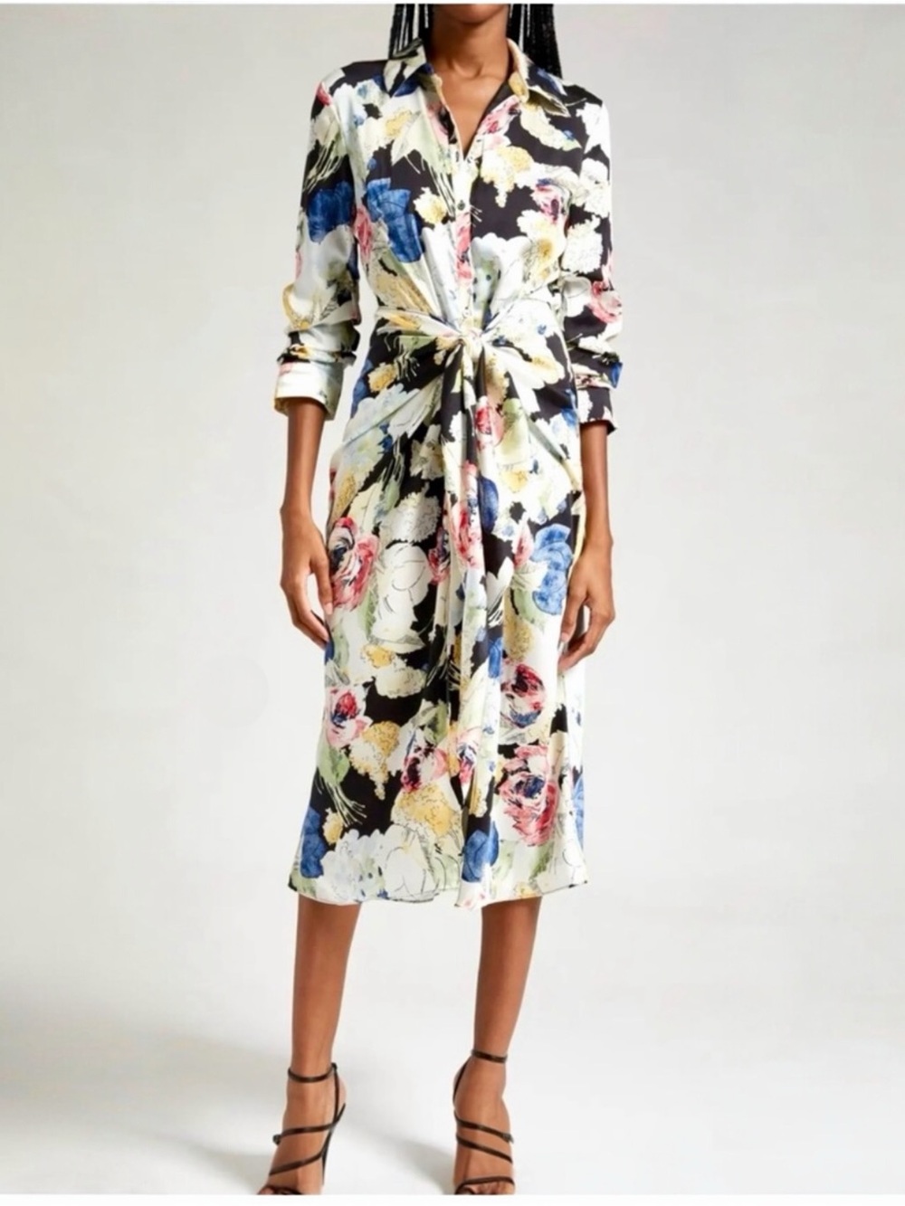 Cinq a Sept Jacey Button Down Long Sleeve Tie Skirt Overlay Floral Midi Dress